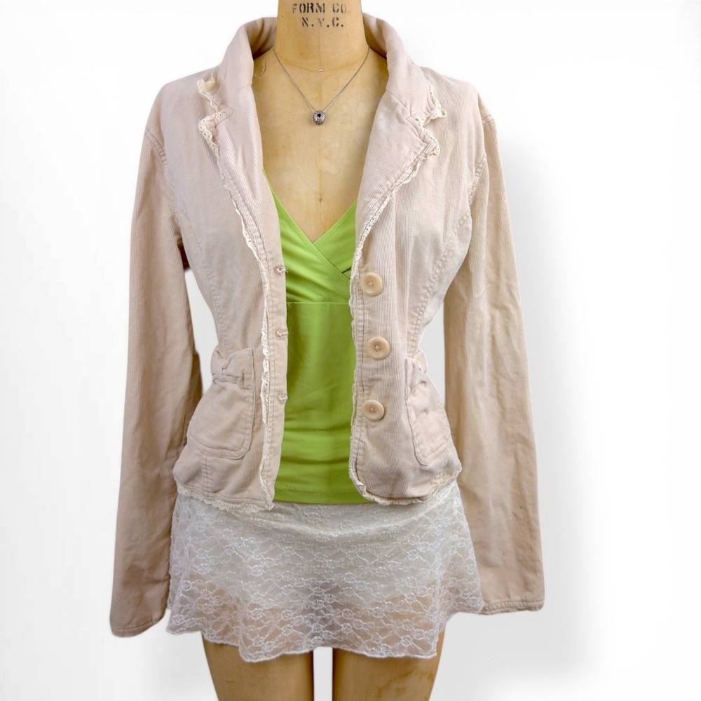 Vintage Plugg Womens L Corduroy Blazer Jacket Lace Trim Bow Pocket Coquette